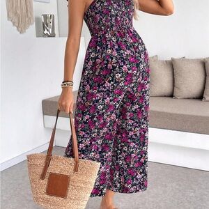 Maternity Black Floral Smocked Wide-Leg Jumpsuit with Pink Accents